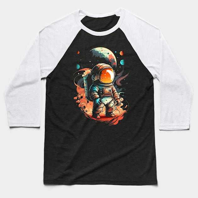 Astronaut in Fire Baseball T-Shirt by vamarik